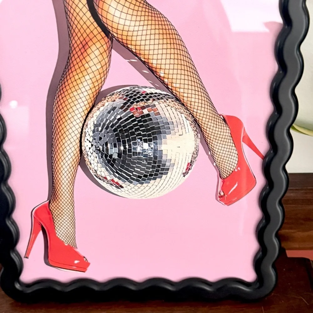 Fishnet Legs Disco Ball Party Red Heels Canvas Art Print Wavy Black Framed Art